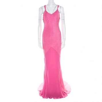 Pre Owned John Galliano Pink Textured Draped High Low Maxi Dress L