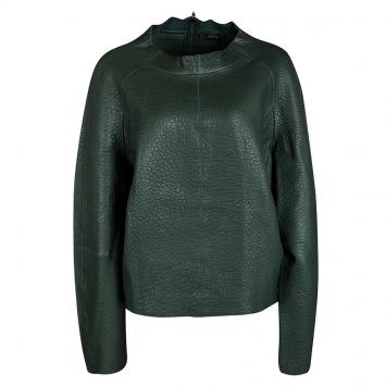 Pre Owned Joseph Forest Green Lambskin Bubble Leather Cropped Pullover L