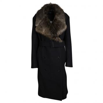 Pre Owned Joseph Black Wool Contrast Fur Collar Drap De Laine Belted Overcoat L