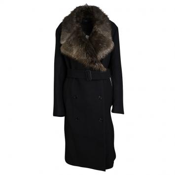 Pre Owned Joseph Black Wool Contrast Fur Collar Drap De Laine Belted Overcoat L