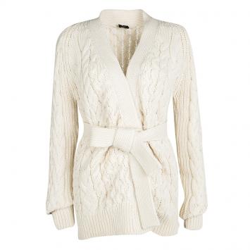 Pre Owned Joseph Cream Merino Wool Chunky Cable Knit Belted Cardigan M