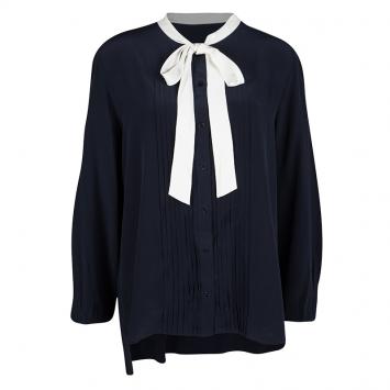 Pre Owned Joseph Navy Blue Silk Contrast Tie Detail Victoire Blouse L