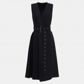 Pre Owned Joseph Black Virgin Wool Belted Midi Dress M (FR 38)
