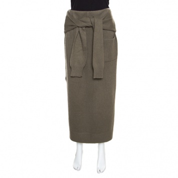 Pre Owned Joseph Khaki Green Cashmere Knot Front Midi Skirt XL