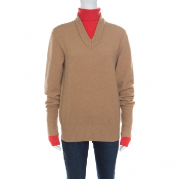 Pre Owned Jospeh Camel Brown and Red Faux Layered V+High Neck Wool Blend Sweater M