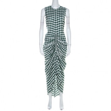Pre Owned Joseph Green & White Gingham Ruched Detail Asymmetric Dress M