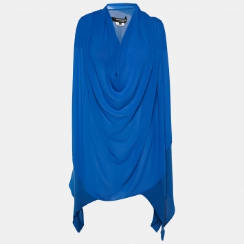 Pre Owned Junya Watanabe Comme des Garcons Blue Knit And Chiffon Panel Asymmetric Top S