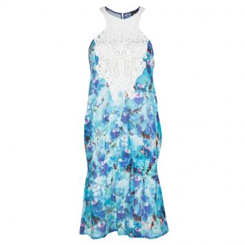 Pre Owned Just Cavalli Blue Eyelet Embroidered Lace Detail Sleeveless Drop Waist Dress M