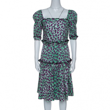 Pre Owned Just Cavalli Green and Pink Leopard Printed Cotton Tiered Dress S