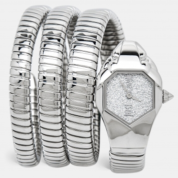 Pre Owned Just Cavalli Glitter Silver Stainless Steel Glam Chic Snake JC1L115M0015 Women's Wristwatch 22 mm