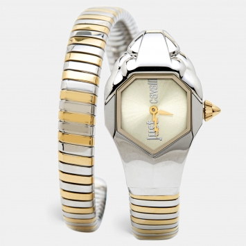 Pre Owned Just Cavalli Champagne Two-Tone Stainless Steel Glam Chic Snake JC1L001M0035 Women's Wristwatch 22 mm