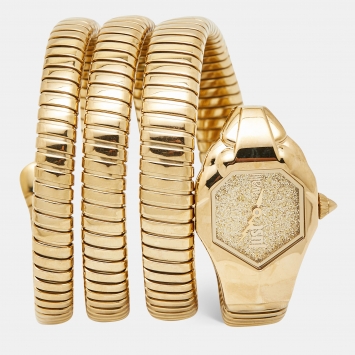 Pre Owned Just Cavalli Glittered Champagne Gold Plated Stainless Steel Glam Chic JC1L115M0025 Women's Wristwatch 22 mm