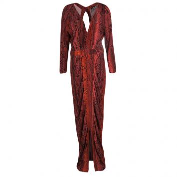 Pre Owned Just Cavalli Red Python Print Long Sleeve Cutout Back Detail Maxi Dress L
