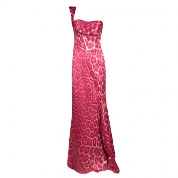 Pre Owned Just Cavalli Pink Leopard Printed Satin Pleat Detail One Shoulder Maxi Dress S