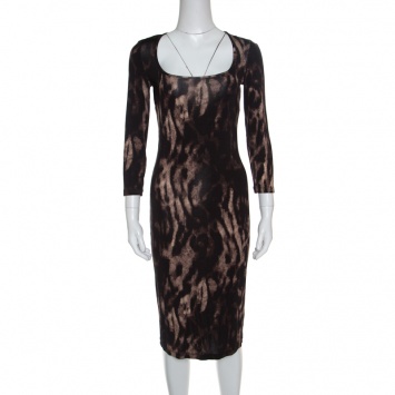 Pre Owned Just Cavalli Brown Animal Print Long Sleeve Dress M