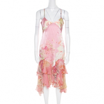 Pre Owned Just Cavalli Pink and Yellow Printed Silk Ruffled Hem Detail Sleeveless Dress M