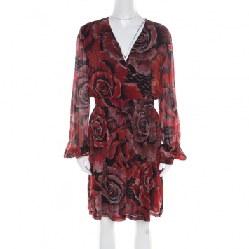 Pre Owned Just Cavalli Red Rose Printed Plunge Neck Dress M