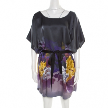 Pre Owned Just Cavalli Multicolor Floral Printed Silk Belted Tunic Dress M