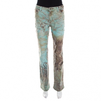 Pre Owned Just Cavalli Mint and Brown Distressed Lace Overlay Printed Denim Flared Jeans M