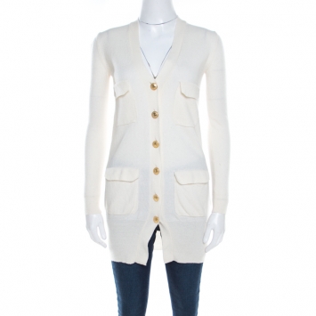 Pre Owned Just Cavalli Cream Wool Gold Logo Button Detail Long Cardigan XS 