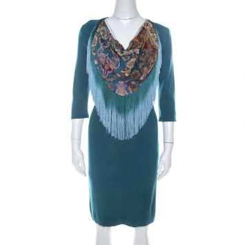 Pre Owned Just Cavalli Teal Blue Stretch Jersey Fringe Detail Dress M 