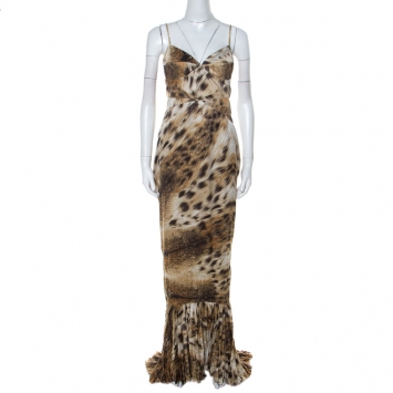 Pre Owned Just Cavalli Multicolor Animal Print Satin Pleated Hemline Sleeveless Dress L