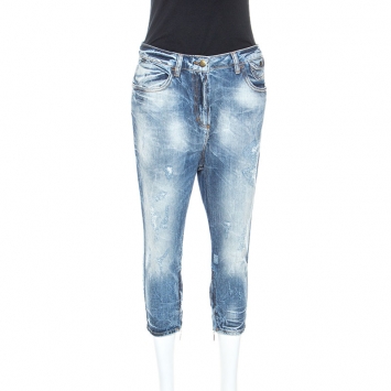 Pre Owned Just Cavalli Blue Distressed Denim Zip Detail Cropped Jeans S