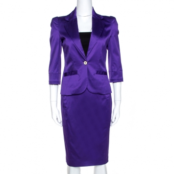 Pre Owned Just Cavalli Purple Cotton Blend Satin Skirt Suit S