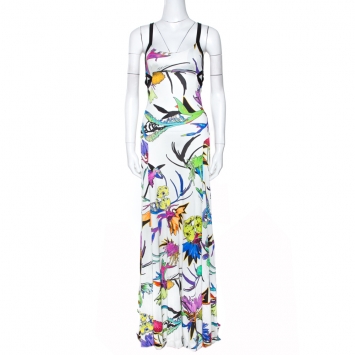 Pre Owned Just Cavalli White Floral Print Jersey Cutout Detail Maxi Dress S