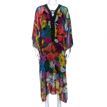 Pre Owned Just Cavalli Multicolor Floral Lace Print Silk Oversized Kaftan M