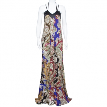 Pre Owned Just Cavalli  Multicolor Abstract Printed Knit Halter Neck Flared Maxi Dress M
