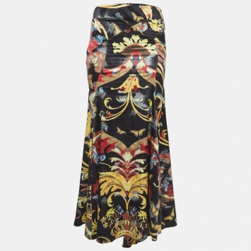 Pre Owned Just Cavalli Multicolor Printed Satin Flared Maxi Skirt S