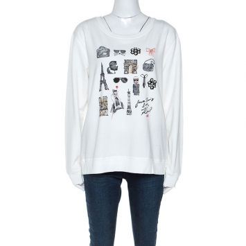 Pre Owned Karl Lagerfeld White Paris Sketch Cotton Embellished Sweatshirt M