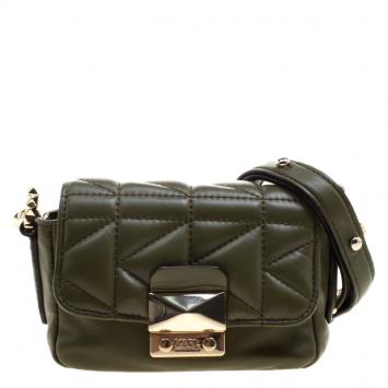 Pre Owned Karl Lagerfeld Olive Green Leather Mini K/Kuilted Crossbody Bag