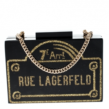 Pre Owned Karl Lagerfeld Black/Gold Acrylic Rue Lagerfeld Chain Box Clutch