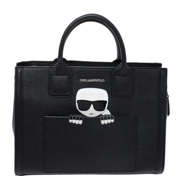 Pre Owned Karl Lagerfeld Black Leather Ikonik Tote 