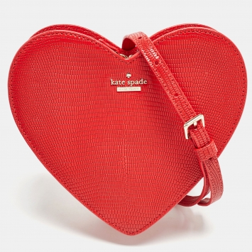 Pre Owned Kate Spade Red Lizard Embossed Leather New York Heart Crossbody Bag