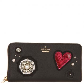 Pre Owned Kate Spade Black Leather Finer Things embellished Lacey Zip Around Wallet