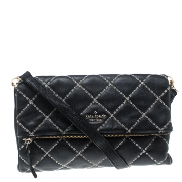Pre Owned Kate Spade Black Leather W Contrast Stitch Shoulder Bag
