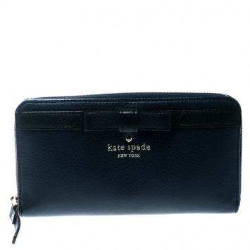 Pre Owned Kate Spade Blue Leather Bow Zip Around Wallet