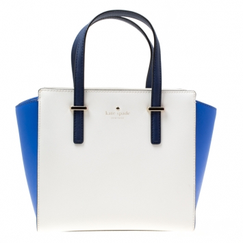 Pre Owned Kate Spade White/Blue Leather Small Cedar Street Hayden Top Handle Bag