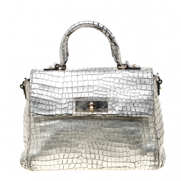 Pre Owned Kate Spade Silver Croc Embossed Leather Top Handle Bag