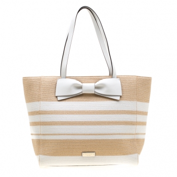 Pre Owned Kate Spade White/Brown Striped Straw Clet Street Blair Tote