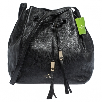 Pre Owned Kate Spade Black Leather Grey Street Drawstring Bag