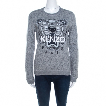 Pre Owned Kenzo Grey Knit Embroidered Tiger Motif Sweatshirt M  