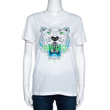 مملوكة مسبقًا Kenzo White Tiger Print Cotton Crew Neck T-Shirt M