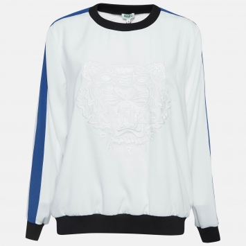 Pre Owned Kenzo White Embroidered Crepe Crew Neck Sweatshirt L