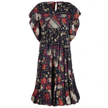 Pre Owned Kenzo Floral and Check Print Gathered Jersey Bow Detail Dress M
