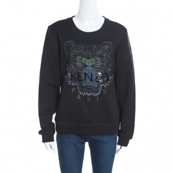 Pre Owned Kenzo Black Embroidered Applique Detail Tiger Motif Sweatshirt L