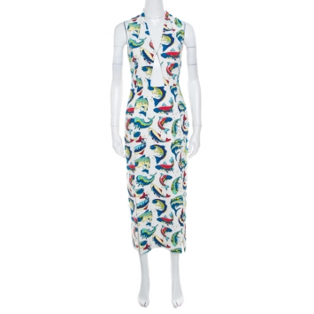 Pre Owned Kenzo White Fish Printed Techno Crepe Cutout Detail Halter Midi Dress S